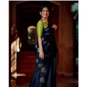 Women's Silk Printed Saree with Blouse – Navy Blue