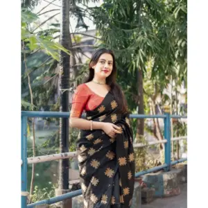 Women's Silk Printed Saree with Blouse – Black-Orange