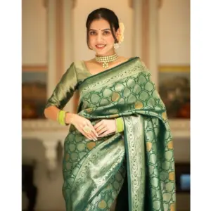 Women's Silk Printed Saree with Blouse – Green