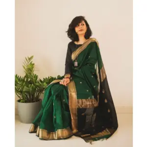 Women's Silk Printed Saree with Blouse – Dark Green