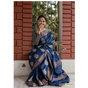 Women's Silk Printed Saree with Blouse – Navy Blue