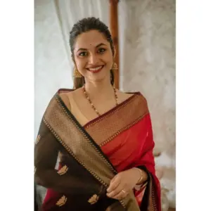 Women's Cotton Printed Saree with Blouse – Red