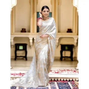 Women's Silk Printed Saree with Blouse – White