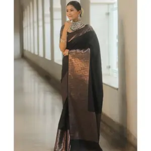 Women's Silk Printed Saree with Blouse – Black