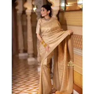 Women's Silk Printed Saree with Blouse – Cream