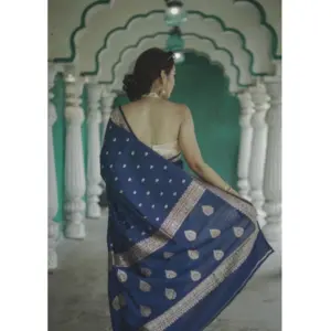 Women's Cotton Printed Saree with Blouse – Navy Blue