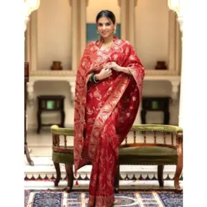 Women's Silk Printed Saree with Blouse – Red