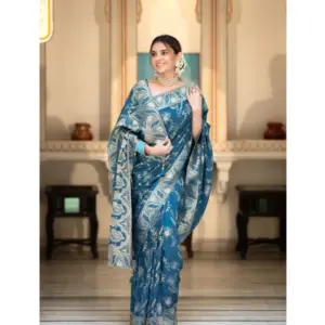 Women's Silk Printed Saree with Blouse – Teal Blue