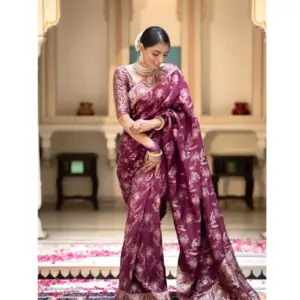 Women's Silk Printed Saree with Blouse – Wine