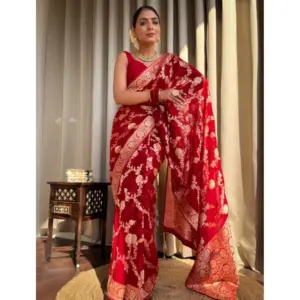 Women's Silk Printed Saree with Blouse – Red