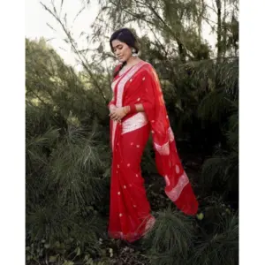 Women's Cotton Printed Saree with Blouse – Red