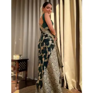 Women's Silk Printed Saree with Blouse – Dark Green