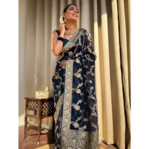 Women's Silk Printed Saree with Blouse – Dark Blue
