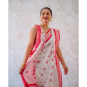 Women's Cotton Printed Saree with Blouse – White-Pink