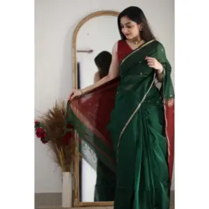 Women's Cotton Printed Saree with Blouse – Dark Green