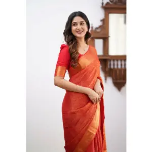 Women's Silk Printed Saree with Blouse – Orange
