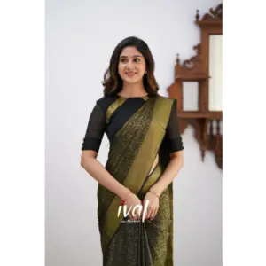 Women's Silk Printed Saree with Blouse – Black
