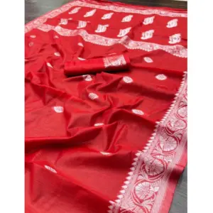 Women's Cotton Printed Saree with Blouse – Red