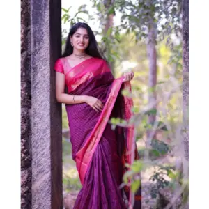 Women's Silk Printed Saree with Blouse – Purple