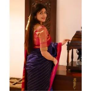 Women's Silk Printed Saree with Blouse – Navy Blue