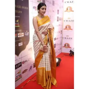 Women's Silk Printed Saree with Blouse – Off White-Yellow