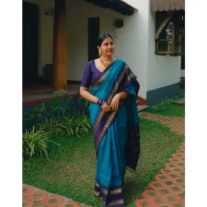 Women's Silk Printed Saree with Blouse – Blue