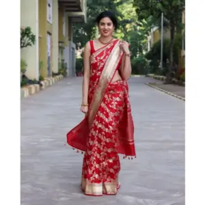 Women's Silk Printed Saree with Blouse – White