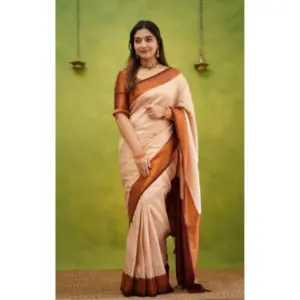 Women's Silk Printed Saree with Blouse – Cream