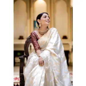 Women's Silk Printed Saree with Blouse – White