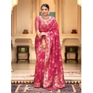 Women's Silk Printed Saree with Blouse – Pink