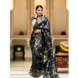Women's Silk Printed Saree with Blouse – Black