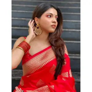 Women's Silk Printed Saree with Blouse – Red