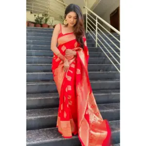 Women's Silk Printed Saree with Blouse – Red