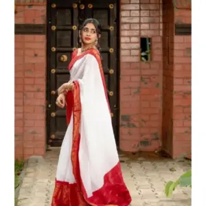 Women's Silk Printed Saree with Blouse – White