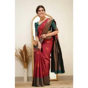 Women's Silk Printed Saree with Blouse – Red