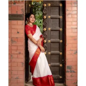 Women's Silk Printed Saree with Blouse – White