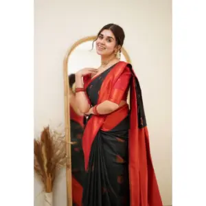 Women's Silk Printed Saree with Blouse – Black