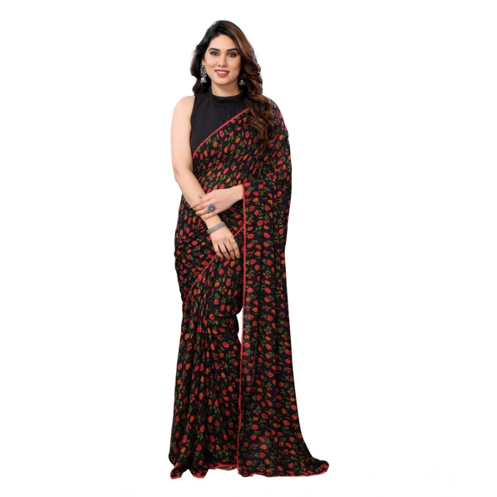 Women's Georgette Printed Saree with Blouse – Black