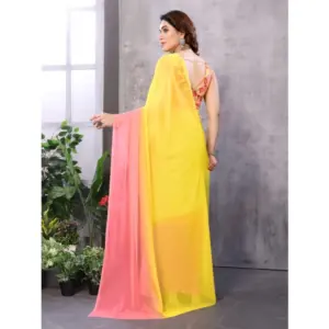 Women's Georgette Solid Saree with Blouse – Pink-Yellow