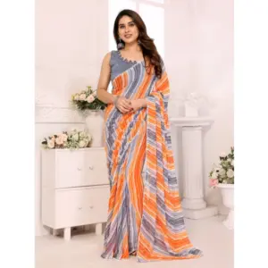 Women's Georgette Striped Saree with Blouse – Grey