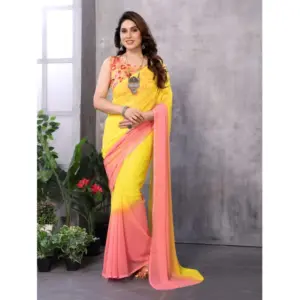 Women's Georgette Solid Saree with Blouse – Pink-Yellow