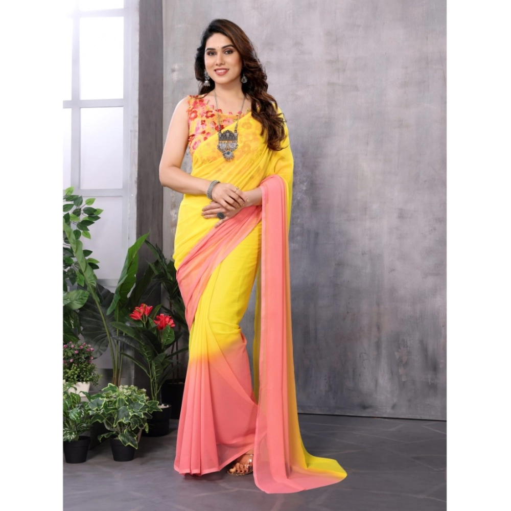 Women's Georgette Solid Saree with Blouse – Pink-Yellow