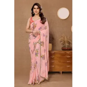 Women's Georgette Printed Saree with Blouse – Peach