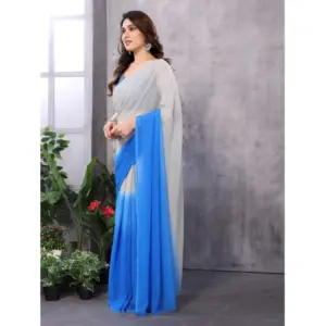 Women's Georgette Solid Saree with Blouse – Grey-Blue