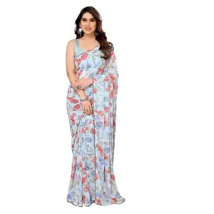 Women's Georgette Printed Saree with Blouse – Sky Blue