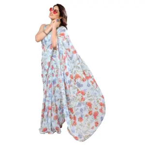 Women's Georgette Printed Saree with Blouse – Sky Blue