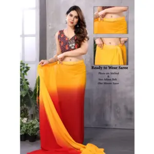 Women's Georgette Solid Saree with Blouse – Red-Orange