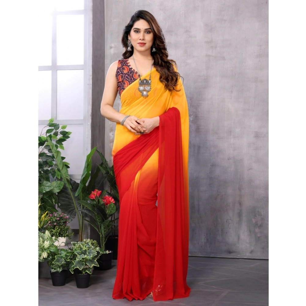 Women's Georgette Solid Saree with Blouse – Red-Orange