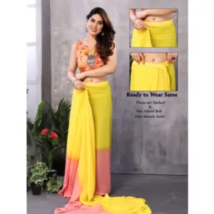 Women's Georgette Solid Saree with Blouse – Pink-Yellow