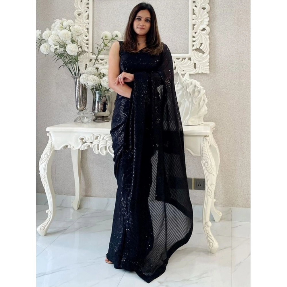 Women's Georgette Embellished Saree with Blouse – Black